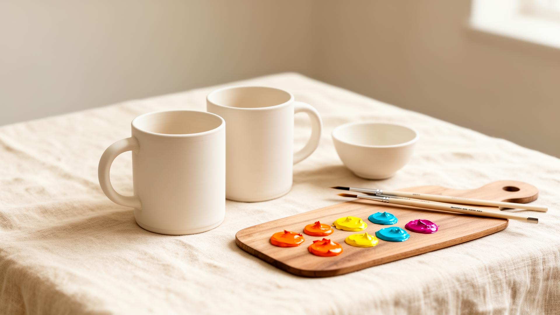 A ceramic painting set on a linen tablecloth